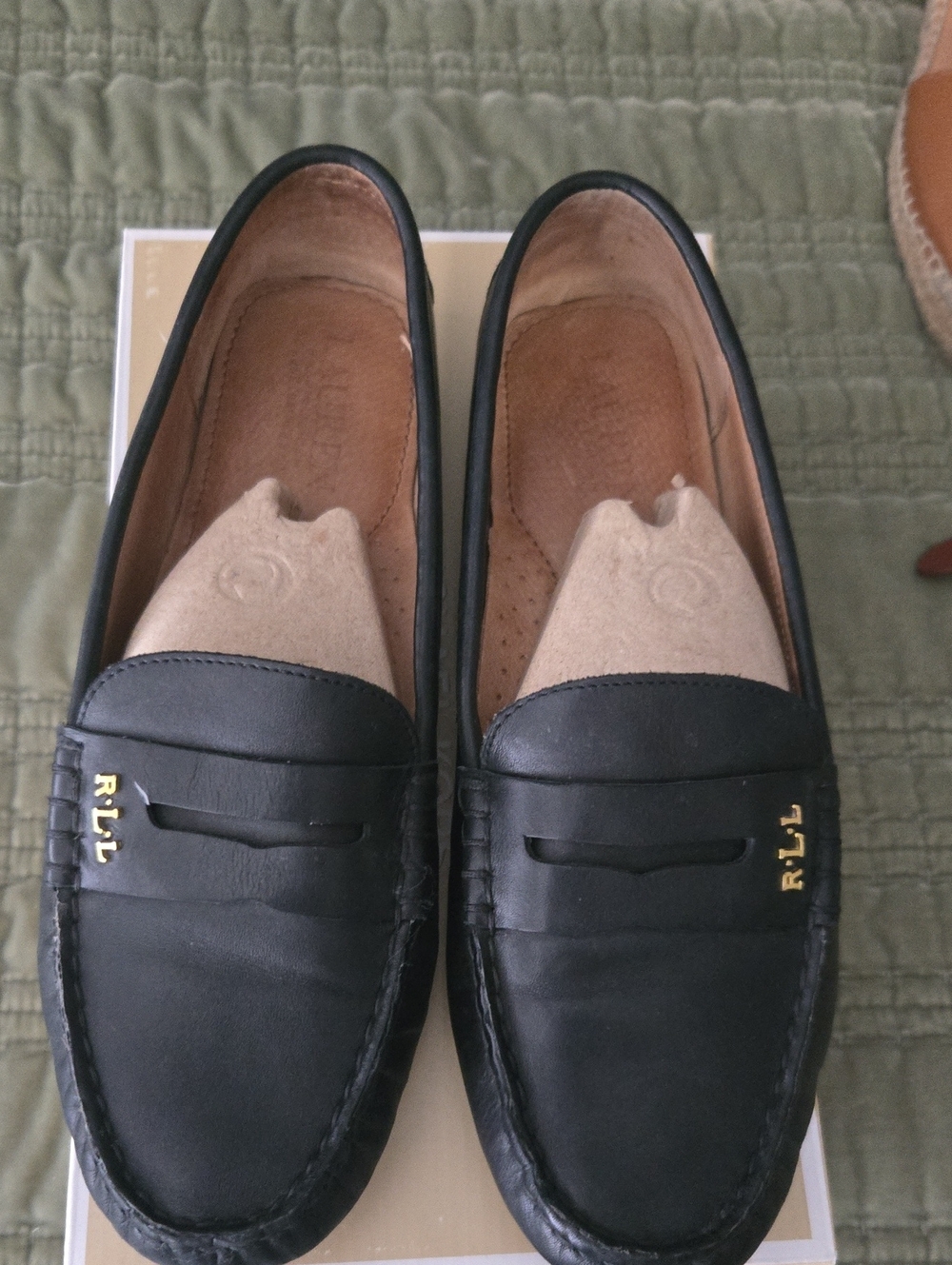 Ralph Lauren Black Leather Penny Loafers with Gold RLL Accents